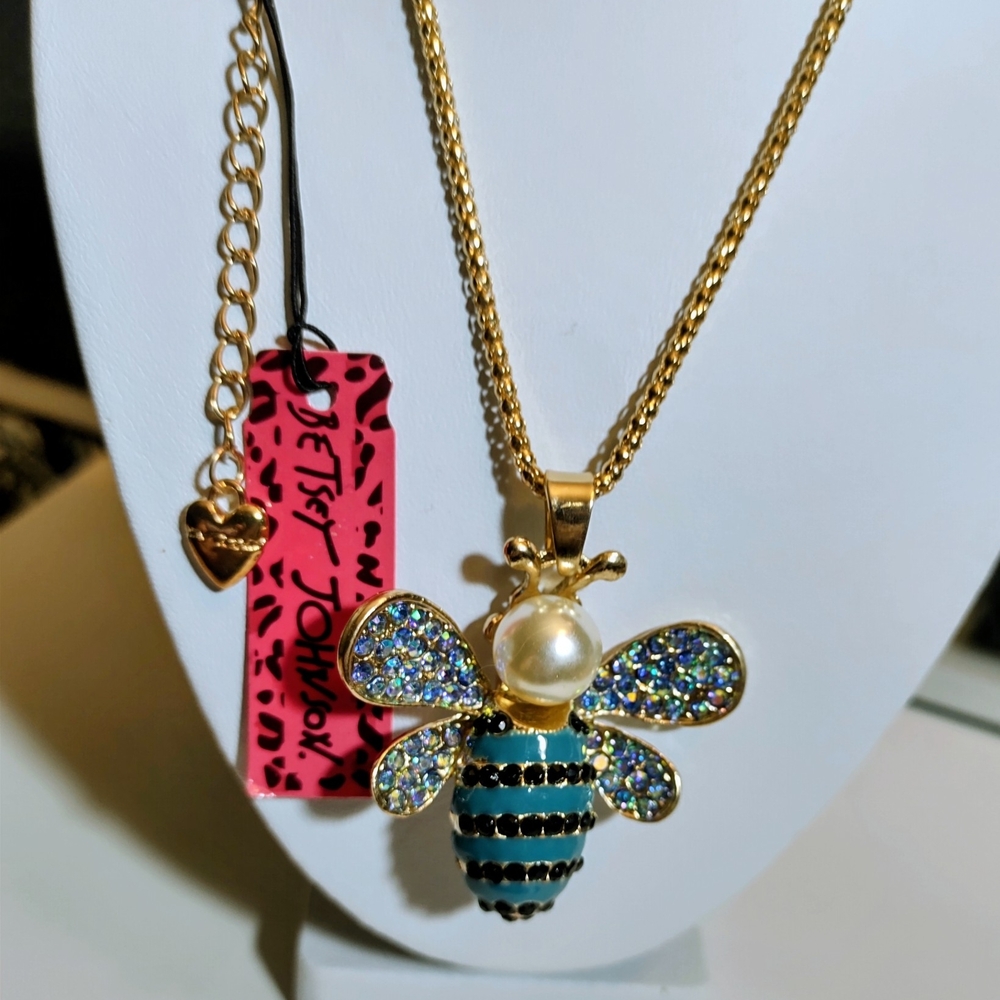 Rare Style Vintage Betsey Johnson Blue & Black Rhinestone Bee Necklace